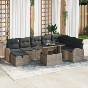 Conjunto de Sofá de Jardim de 9 Peças com Almofadas Cinza Rattan Polié
