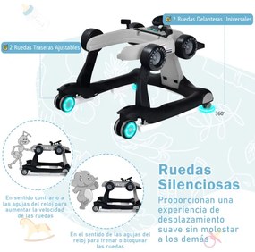 Andador 4 em 1 para crianças, dobrável, atividade de empurrar, com altura ajustável e carrilhão de velocidade com luzes, volante Cinzento