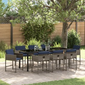 Conjunto de Jantar de Jardim de 9 Peças com Almofadas Cinza Vime PE
