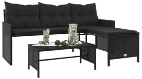 Sofá de jardim em forma de L c/ mesa e almofadões vime PE preto