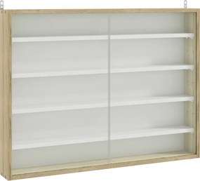 Vitrine de Parede de Madeira com Prateleiras Ajustáveis e 2 Portas Corredeiras de Vidro para Coleções Perfumes 80x9,5x60cm Madeira e Branco
