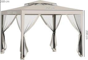 Pérgola de Jardim 297x297x268 cm com Redes Mosquiteiras Laterais com Fecho de Correr Teto de Ventilação e 8 Orifícios de Drenagem Bege