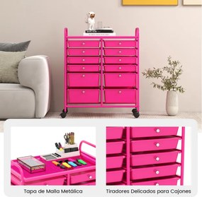 Carrinho auxiliar com rodas e 12 gavetas empilháveis 64 x 38 x 75 cm com estrutura metálica para cozinha, escritório e casa de banho Rosa