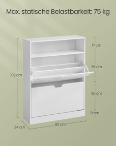 Sapateira 2 compartimentos e prateleira aberta ajustável 24 x 80 x 102 cm branco