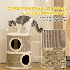 Arranhador em Forma de Cilindro para Gatos com 3 Níveis Plataforma e Caverna Confortável 37,5x37,5x70 cm Caqui e Bege