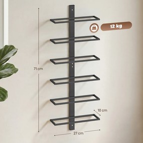 Suporte de Parede para Garrafas, 27 x 10 x 71 cm, Capacidade para 6 Garrafas, Preto