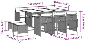 11 pcs conjunto de jantar p/ jardim c/ almofadões vime PE preto