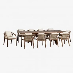 Conjunto De Mesa Retangular Extensível 200-260-320x100 Cm E 10 Cadeiras De Jardim Com Apoios De Braços Em Madeira De Acácia Duba Tecido Gardénia Branc