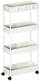 Carrinho Auxiliar com Rodas Carrinho de Armazenamento com 4 Cestas e 4 Ganchos Amovíveis 40x19x90 cm Branco