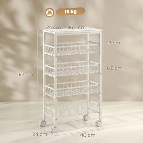 Carrinho Auxiliar com Rodas com 4 Cestos Amovíveis Carga até 15 kg Estrutura Metálica para Sala de Jantar e Casa de Banho 40x24x82 cm Branco