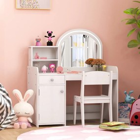Conjunto de Toucador e Cadeira para Crianças a partir dos 3 anos com Estantes Armário com Gavetas 2 Cores Luzes LED Espelho em Acrílico Blanco