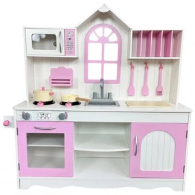 Cozinha de brincar infantil de madeira branca e rosa com forno e micro-ondas