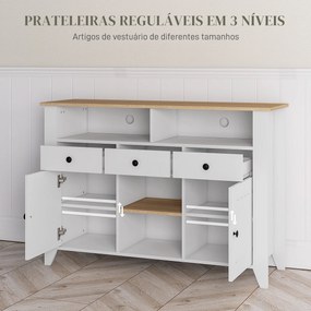 Aparador de Cozinha com 3 Gavetas 2 Armários 2 Prateleiras Abertas e 2 Prateleiras Ajustáveis Moderno 120x38x82 cm Branco