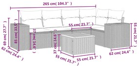 6 pcs conjunto sofás de jardim c/ almofadões vime PE preto