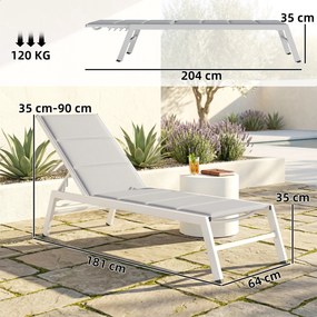 Espreguiçadeira em alumínio leve, encosto ajustável em 6 posições, estofamento integrado, 64 x 181 x 90 cm, cinzento claro