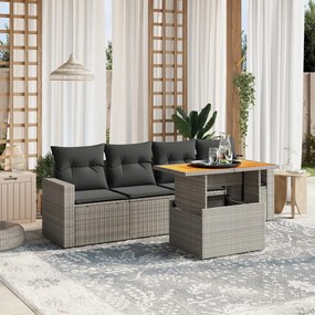 5 pcs conjunto sofás de jardim c/ almofadões vime PE cinzento