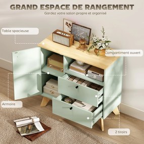 Aparador de sala 80 (L) x 35 (P) x 76,3 (A) cm, móvel de arrumação com porta, 2 gavetas, compartimento aberto e prateleira ajustável, verde claro e co