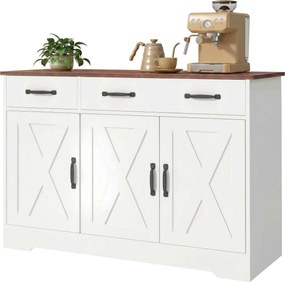 Aparador de cozinha 108 x 40 x 81 cm, móvel de arrumação com 3 portas de estilo celeiro, 2 gavetas e prateleiras ajustáveis, branco, castanho