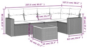 6 pcs conjunto sofás de jardim com almofadões vime cinzento