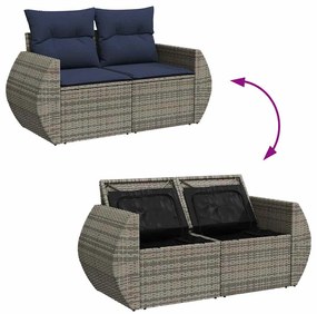 7 pcs conjunto sofás p/ jardim c/ almofadões vime PE cinzento