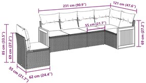 6 pcs conjunto sofás de jardim c/ almofadões vime PE preto