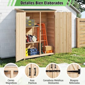 Abrigo de jardim com telhado inclinado Asfalto 140x51x163cm Madeira maciça Estantes removíveis Portas Fechadura Abrigo exterior Natural