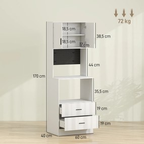 Móvel Auxiliar de Cozinha com Suporte para Micro-ondas 2 Gavetas 2 Portas e Painel Perfurado de Metal Branco