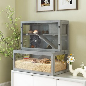 Gaiola de madeira para hamsters 80 x 50 x 84 cm, 3 níveis com casinha, roda, rampas, painel transparente, espaços separados, cinzenta