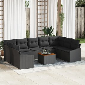 vidaXL Conjunto de Sofá de 10 peças com Almofadas Preto Poli Rattan Acácia