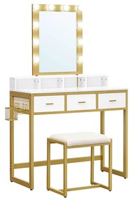 Penteadeira VASAGLE com banqueta, penteadeira com 10 lâmpadas LED, espelho, brilho ajustável, moderno, quarto, closet, branco, dourado RVT014A10