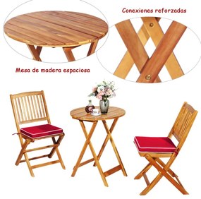 Conjunto 5 Peças Móveis Bistro de Madeira 2 Cadeiras com Almofada Mesa de Madeira de Acácia Mesa de Exterior Dobrável para Terraço Jardim Piscina Verm