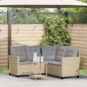 vidaXL Sofá de jardim forma de L c/ mesa e almofadões vime PE bege