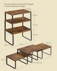 Conjunto de 3 prateleiras  cozinha para especiarias empilháveis e extensíveis, castanho vintage-preto
