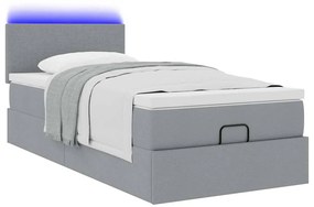 Cama Otomana com colchão &amp; LEDs 90x200 cm tecido cinzento claro