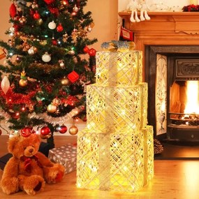 Caixas de Presentes LED Natal Conjunto de 3 Peças com Laços para Interior e Exterior Resistentes às Intempéries