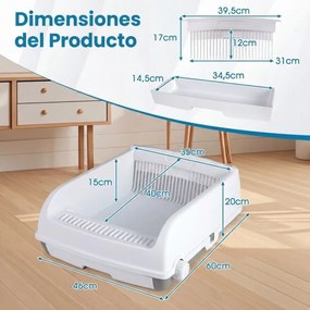 Caixa de areia semiautomática para gatos 60 x 46 x 24 cm com tampa aberta e laterais altas; banheira para gatos com tabuleiro tipo gaveta, branca