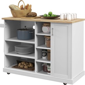 Mesa de apoio para ilha de cozinha com rodas 129 x 51 x 93 cm, 7 compartimentos, 1 armário, 1 porta, 1 porta para panos de cozinha, , em madeira e bra