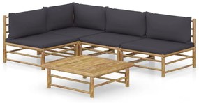 vidaXL 5 pcs conj. lounge jardim em bambu c/ almofadões cinza-escuro
