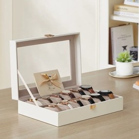 Caixa para relógios com 12 compartimentos 20,2 x 30,2 x 7,8 cm, tampa de vidro e fecho metálico, branco