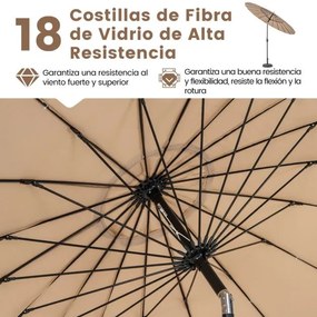 Guarda-sol redondo de 265 cm com 18 varas de fibra de vidro, botão de inclinação, manivela e toldo de alumínio para pátio ou piscina Café