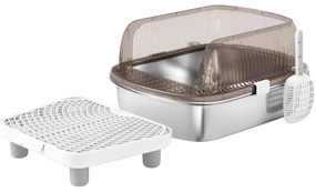 PawHut Caixa de Areia para Gatos Fechada com Bandeja em Aço Inoxidável Bordas Altas Pá e Degrau para Gatos Grandes 53x42x27 cm Cinzento
