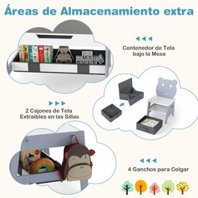 Conjunto de Mesa e 2 cadeiras infantil Secretária 5 em 1 com superfície reversível Quadro branco e preto 4 ganchos Compartimentos Cinzento