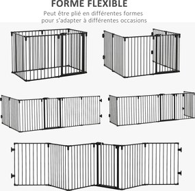 Barreira de Segurança para Animais Dobrável e Modulável, 362,5 x 2 x 76 cm, 6 Painéis com Porta, Preto