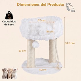 Árvore  para Gatos Pequena, 40 x 40 x 50,5 cm, Plataforma Superior de Pelúcia, Branco
