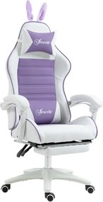 Cadeira Gaming Giratória de Couro PU com Altura Ajustável Inclinável 135° Apoio para a Cabeça 65x63x136-142 cm Branco e Roxo