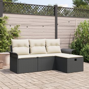 Conjunto de Sofá de Jardim de 4 Peças com Almofadas Rattan Preto