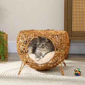 Cama para gatos Ø 40 x 32 cm,, cesto para gatos, casinha de rattan para gatos, almofada grossa, castanho claro