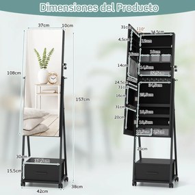 Armário de pé para jóias com espelho de corpo inteiro Organizador de jóias com porta Gavetas Rodas bloqueáveis 42 x 38 x 157 cm Preto