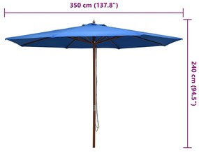 Guarda-sol de exterior c/ poste de madeira 350 cm azul