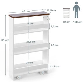 Carrinho de Armazenamento de Cozinha Estreito com 4 Prateleiras Rodas Organizador Móvel Economizador de Espaço para Banheiro 48 x 12,5 x 81 cm Branco